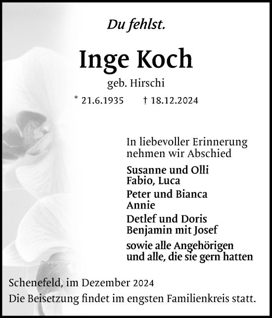 Traueranzeige von Inge Koch von Region Pinneberg und tip Pinneberg