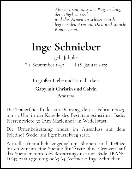 Traueranzeige von Inge Schnieber von Wedel-Schulauer Tageblatt, tip Wedel-Schulauer Tageblatt, tip Rissener Rundschau