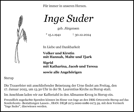 Traueranzeige von Inge Suder von Flensburger Tageblatt, Schleswiger Nachrichten, Schlei-Bote