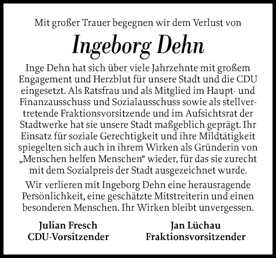 Traueranzeige von Ingeborg Dehn von Wedel-Schulauer Tageblatt, tip Wedel-Schulauer Tageblatt, tip Rissener Rundschau