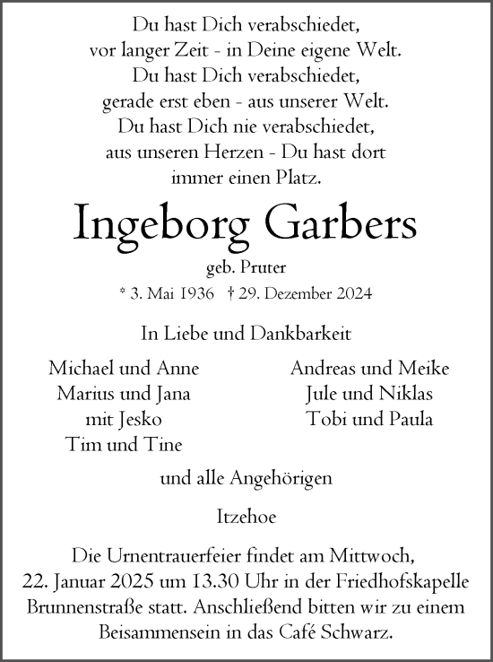 Traueranzeige von Ingeborg Garbers von Norddeutsche Rundschau, Wilstersche Zeitung, Glückstädter Fortuna