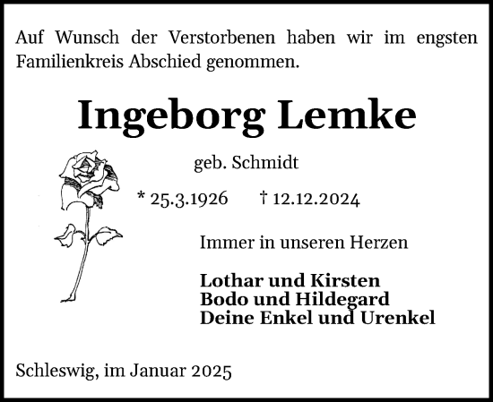 Traueranzeige von Ingeborg Lemke von Schleswiger Nachrichten, Schlei-Bote
