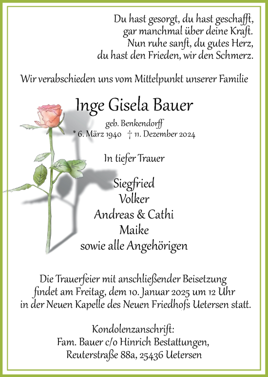 Traueranzeige von Inge Gisela Bauer von Uetersener Nachrichten, Der tip am Wochenende
