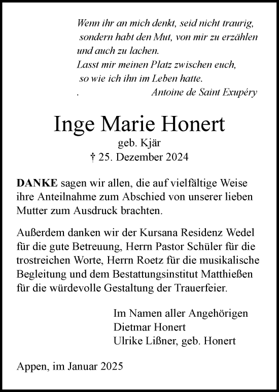 Traueranzeige von Inge Marie Honert von Region Pinneberg und tip Pinneberg