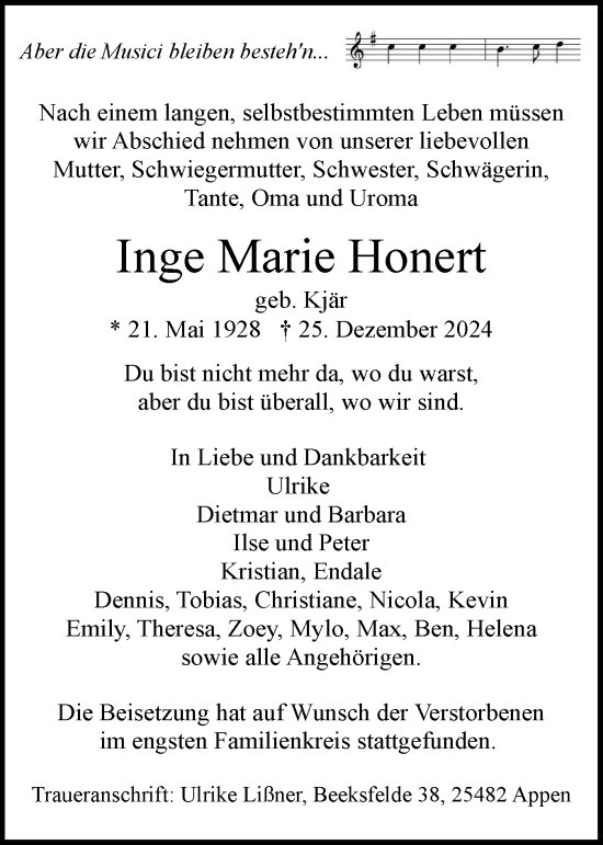 Traueranzeige von Inge Marie Honert von Region Pinneberg und tip Pinneberg