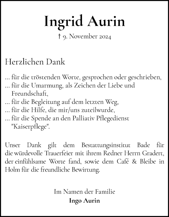 Traueranzeige von Ingrid Aurin von Wedel-Schulauer Tageblatt, tip Wedel-Schulauer Tageblatt, tip Rissener Rundschau
