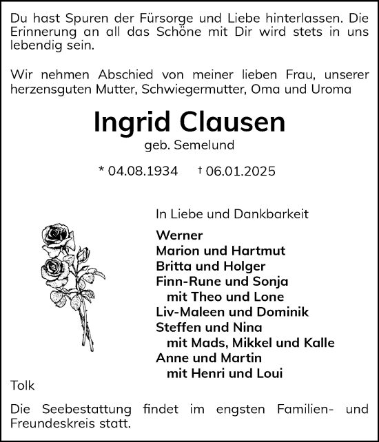 Traueranzeige von Ingrid Clausen von Schleswiger Nachrichten, Schlei-Bote