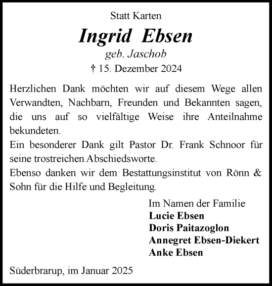 Traueranzeige von Ingrid Ebsen von Schleswiger Nachrichten, Schlei-Bote
