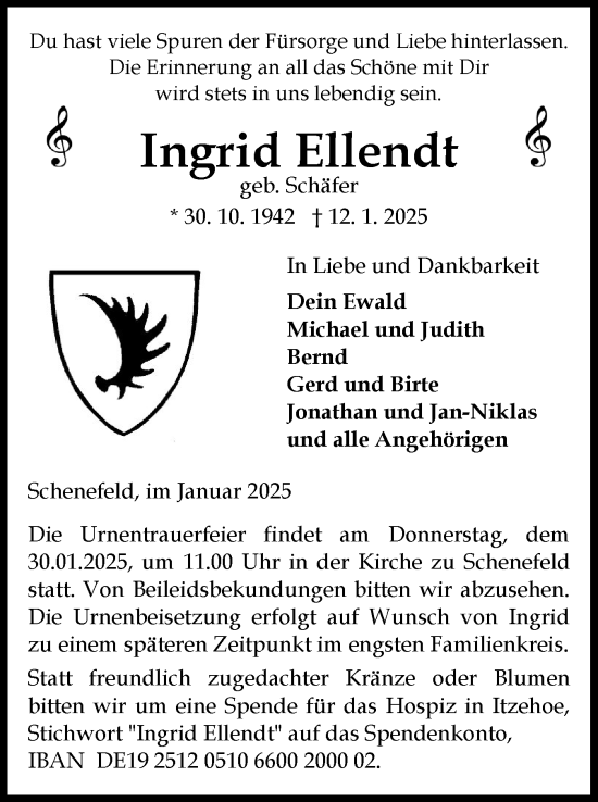 Traueranzeige von Ingrid Ellendt von Norddeutsche Rundschau, Wilstersche Zeitung, Glückstädter Fortuna