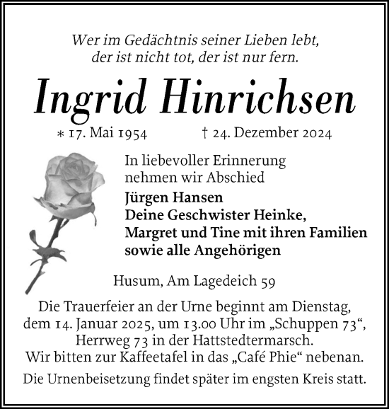 Traueranzeige von Ingrid Hinrichsen von Husumer Nachrichten, Nordfriesland Tageblatt
