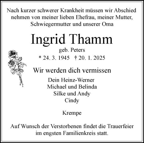Traueranzeige von Ingrid Thamm von Norddeutsche Rundschau, Wilstersche Zeitung, Glückstädter Fortuna