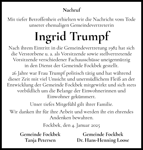 Traueranzeige von Ingrid Trumpf von Schleswig-Holsteinische Landeszeitung