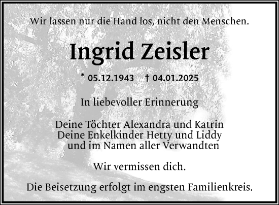 Traueranzeige von Ingrid Zeisler von Wedel-Schulauer Tageblatt, tip Wedel-Schulauer Tageblatt, tip Rissener Rundschau