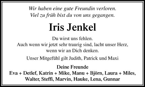 Traueranzeige von Iris Jenkel von Wochenend Anzeiger