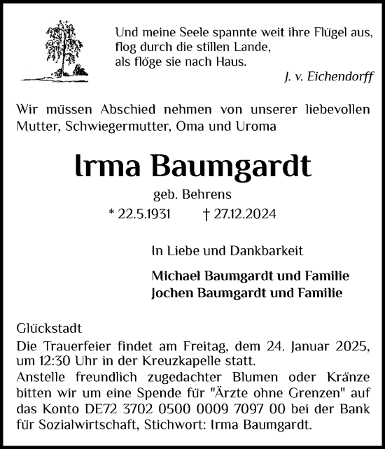 Traueranzeige von Irma Baumgardt von Norddeutsche Rundschau, Wilstersche Zeitung, Glückstädter Fortuna
