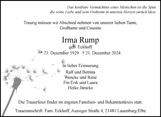 Traueranzeige von Irma Rump von Wochenend Anzeiger
