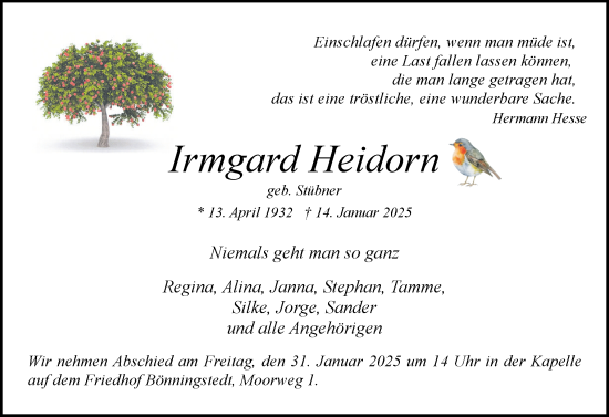 Traueranzeige von Irmgard Heidorn von Region Pinneberg und tip Pinneberg
