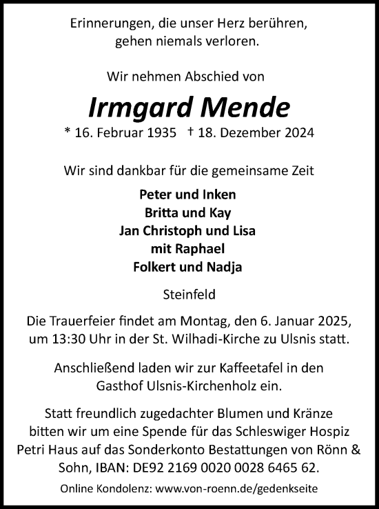 Traueranzeige von Irmgard Mende von Schleswiger Nachrichten, Schlei-Bote
