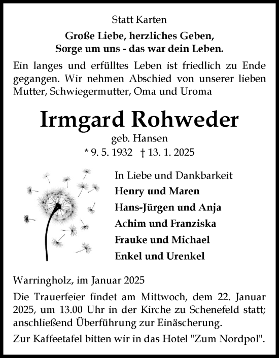 Traueranzeige von Irmgard Rohweder von Norddeutsche Rundschau, Wilstersche Zeitung, Glückstädter Fortuna