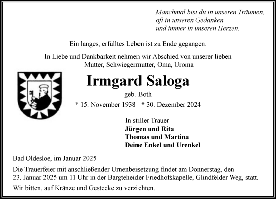 Traueranzeige von Irmgard Saloga von MARKT Bad Oldesloe/Reinfeld, MARKT Ahrensburg/Bargteheide/Trittau und Stormarner Tageblatt