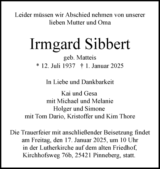 Traueranzeige von Irmgard Sibbert von Region Pinneberg und tip Pinneberg