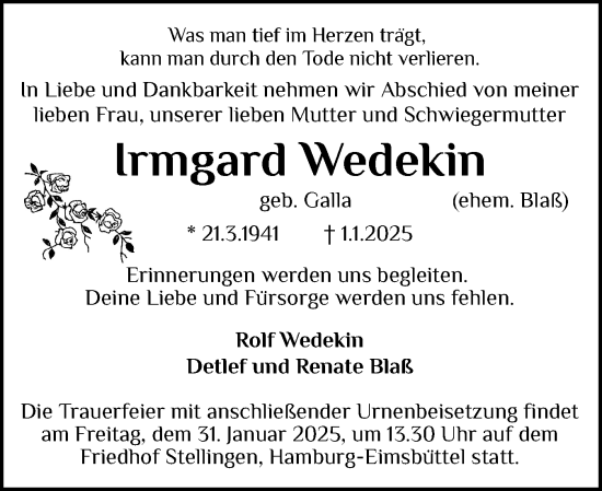 Traueranzeige von Irmgard Wedekin von Norddeutsche Rundschau, Wilstersche Zeitung, Glückstädter Fortuna