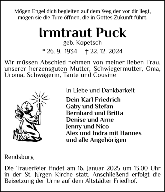 Traueranzeige von Irmtraut Puck von Schleswig-Holsteinische Landeszeitung