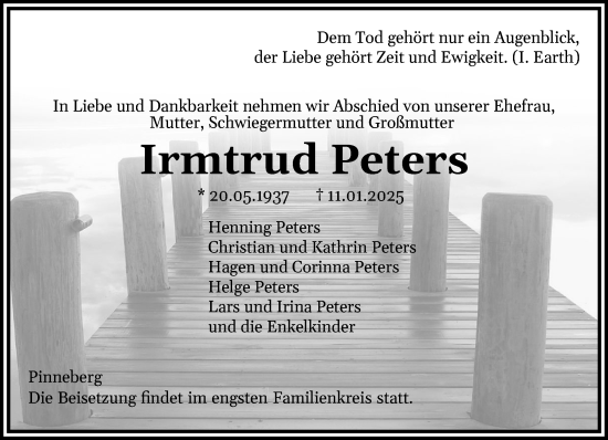 Traueranzeige von Irmtrud Peters von Region Pinneberg und tip Pinneberg