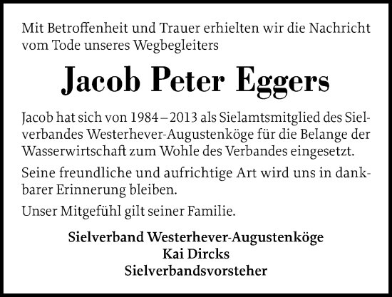 Traueranzeige von Jacob Peter Eggers von Husumer Nachrichten, Nordfriesland Tageblatt
