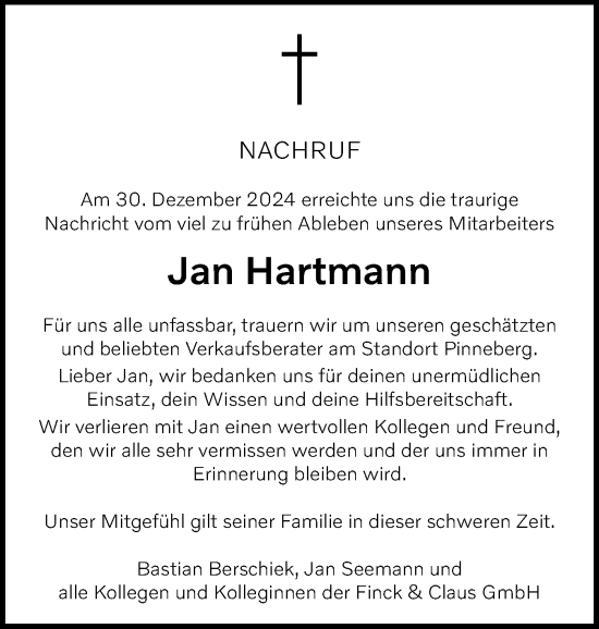 Traueranzeige von Jan Hartmann von Uetersener Nachrichten, Der tip am Wochenende