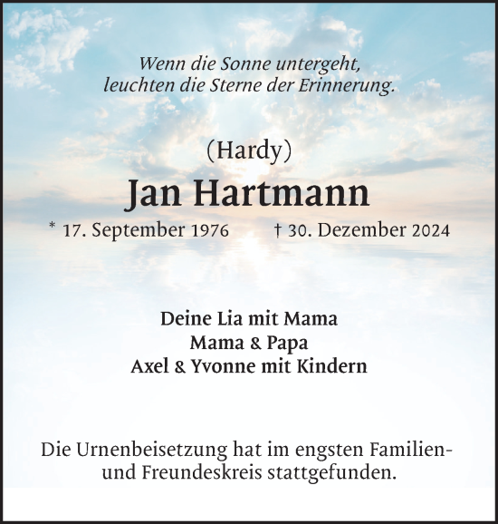 Traueranzeige von Jan Hartmann von Uetersener Nachrichten, Der tip am Wochenende