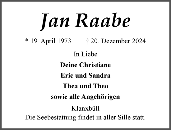 Traueranzeige von Jan Raabe von Husumer Nachrichten, Nordfriesland Tageblatt