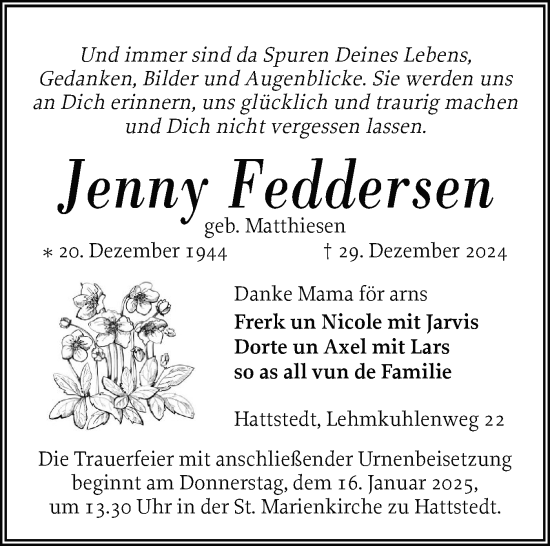 Traueranzeige von Jenny Feddersen von Husumer Nachrichten, Nordfriesland Tageblatt