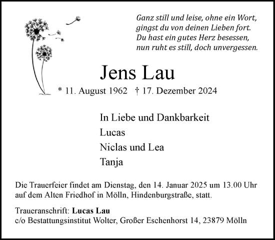 Traueranzeige von Jens Lau von MARKT Ratzeburg/Mölln