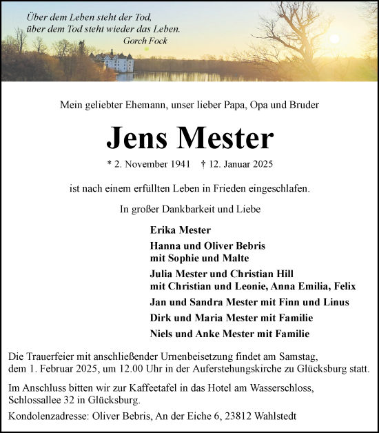 Traueranzeige von Jens Mester von Flensburger Tageblatt