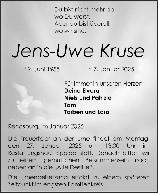 Traueranzeige von Jens-Uwe Kruse von Schleswig-Holsteinische Landeszeitung
