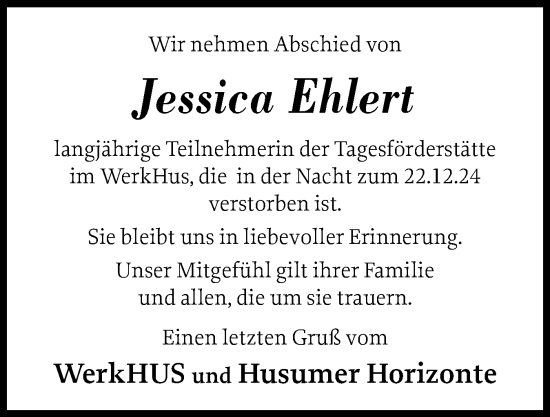 Traueranzeige von Jessica Ehlert von Husumer Nachrichten, Nordfriesland Tageblatt