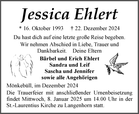 Traueranzeige von Jessica Ehlert von Husumer Nachrichten, Nordfriesland Tageblatt