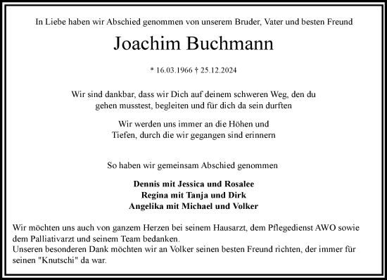 Traueranzeige von Joachim Buchmann von MARKT Ratzeburg/Mölln