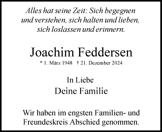 Traueranzeige von Joachim Feddersen von Uetersener Nachrichten, Der tip am Wochenende