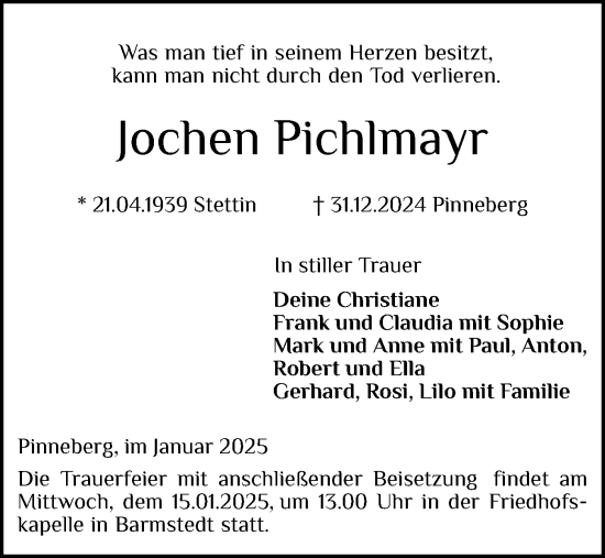 Traueranzeige von Jochen Pichlmayr von Region Pinneberg und tip Pinneberg
