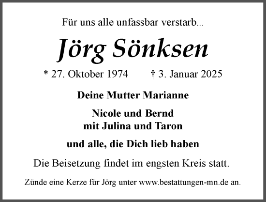 Traueranzeige von Jörg Sönksen von Husumer Nachrichten, Nordfriesland Tageblatt