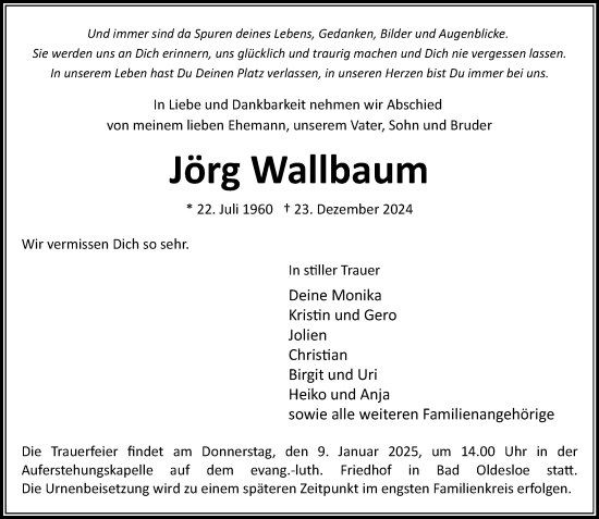 Traueranzeige von Jörg Wallbaum von MARKT Bad Oldesloe/Reinfeld und Stormarner Tageblatt