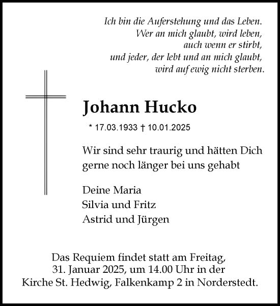 Traueranzeige von Johann Hucko von Heimatspiegel