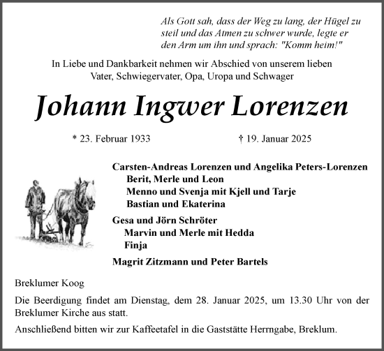 Traueranzeige von Johann Ingwer Lorenzen von Husumer Nachrichten, Nordfriesland Tageblatt