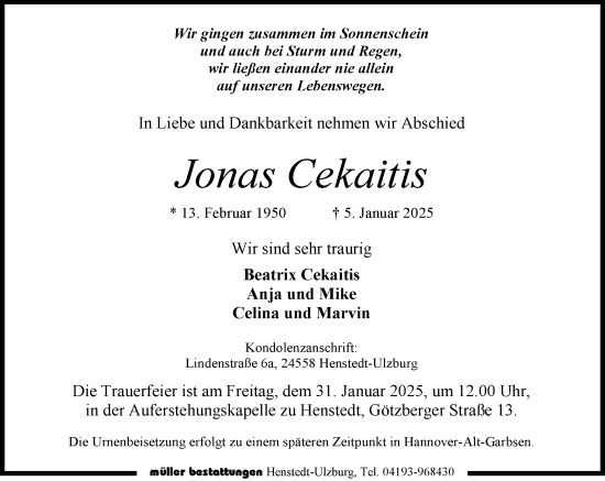 Traueranzeige von Jonas Cekaitis von Umschau