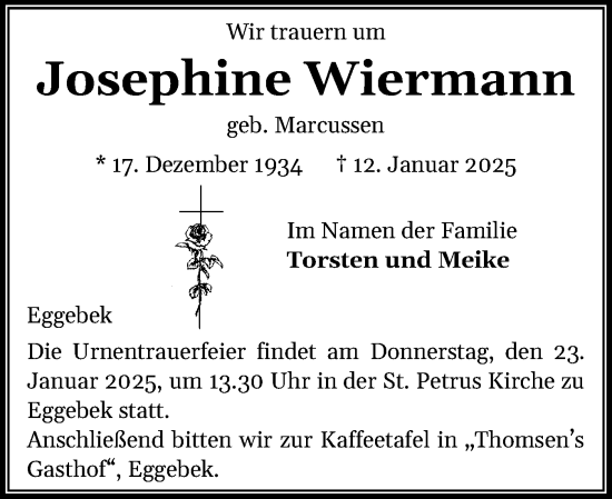 Traueranzeige von Josephine Wiermann von Husumer Nachrichten, Nordfriesland Tageblatt