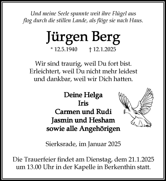 Traueranzeige von Jürgen Berg von MARKT Ratzeburg/Mölln
