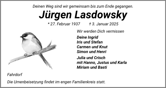 Traueranzeige von Jürgen Lasdowsky von Schleswiger Nachrichten, Schlei-Bote