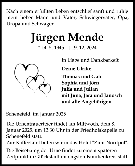 Traueranzeige von Jürgen Mende von Norddeutsche Rundschau, Wilstersche Zeitung, Glückstädter Fortuna